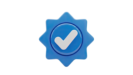 Blue star badge with white checkmark, verified icon on transparent background
