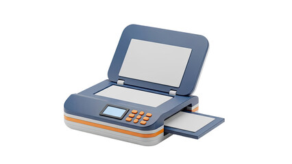 Open flatbed scanner with blue and orange accents on transparent background