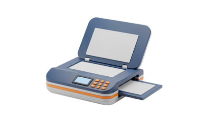 Open flatbed scanner with blue and orange accents on transparent background