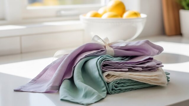 美しいリネンクロスが優雅に重なり、キッチンに明るい色彩を添える