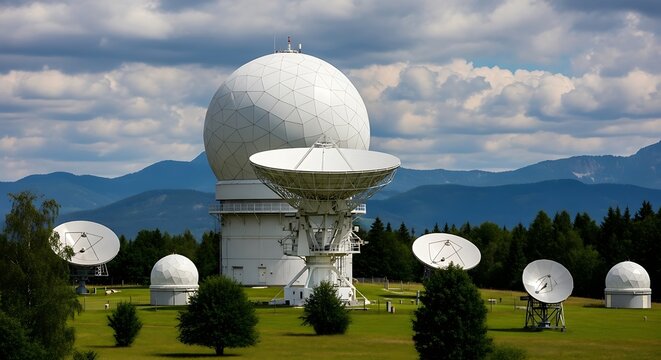 Large radomes and satellite dishes dot a research facility landscape.