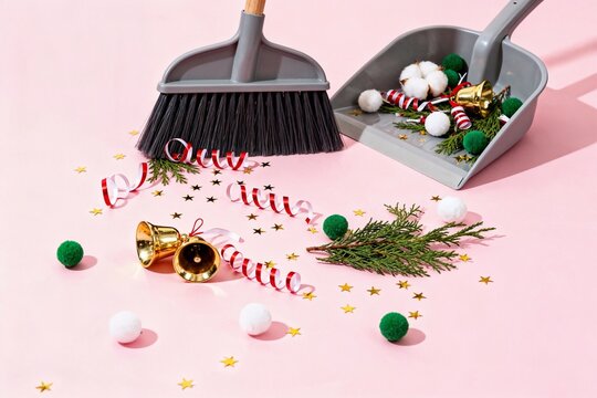 Christmas decorations being cleaned with broom and dustpan - Powered by Adobe