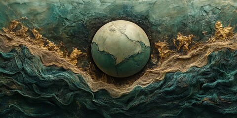 Abstract Earth Globe with Textured Layers in Green Gold Colors Artistic Concept