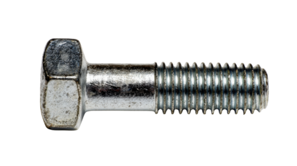 Metal bolt with a hexagonal head and threaded shaft. Isolated on a transparent background, ready for design use