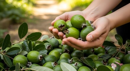 Hands gently cradling a pile of smooth green feijoa fruits above dense glossy leaves on the shrub, emphasizing lush orchard growth, fragrant pineapple guava harvest, and nutrient packed, vitamin rich 