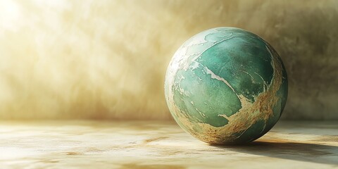Earth Globe with Green and Brown Landmasses on Light Surface in Warm Atmosphere