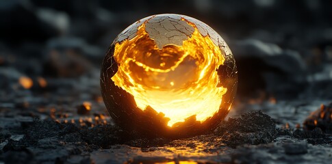 Frightened Earth Globe Burning with Fiery Lava Cracks in Dark Scorched Landscape
