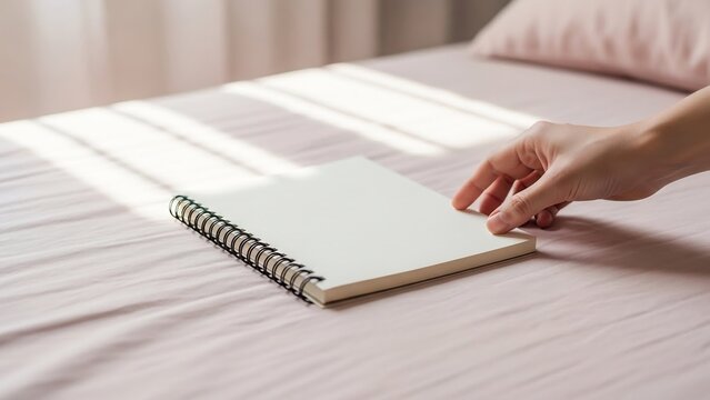 ベッドでそっと手を伸ばし、ノートを開く瞬間。穏やかな朝の始まり。
