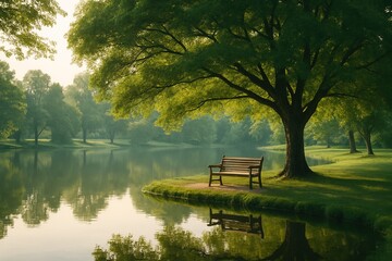 A serene lakeside area in a park, still water reflecting nearby trees and a wooden bench under a large canopy.