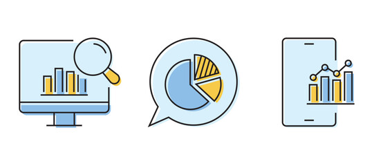 Analytics icon set with color fills and black outlines, featuring charts, graphs, and data analysis symbols for business intelligence and reporting.