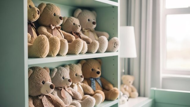 棚に並んだテディベアたちが可愛らしく、穏やかに微笑みかけてくる