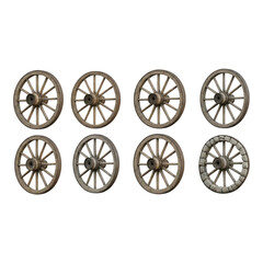 Fototapeta premium Eight rustic wooden wagon wheels on transparent background
