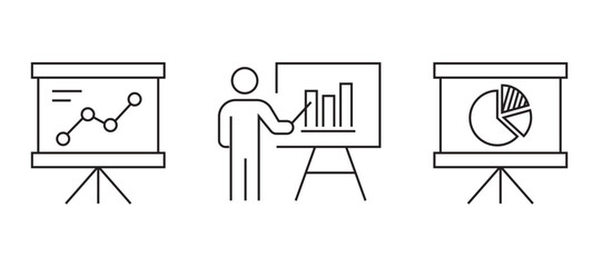 Minimal line analytics icon set with charts, graphs, gears, and data analysis symbols, representing business intelligence, performance tracking, and reporting. analytic icons.