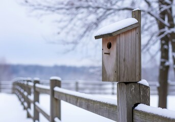 Wooden birdhouse sits on a snowy fence post in a winter landscape.