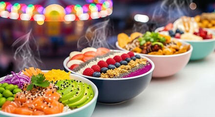 Colorful bowls of fresh fruits, vegetables, and grains arranged beautifully on a table, showcasing vibrant textures and steaming elements, perfect for healthy eating concepts