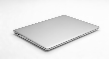 Closed silver laptop computer with sleek design rests on a white surface.