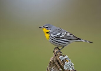 A small songbird with yellow breast perches on a lichen-covered branch.