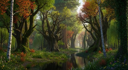 Lush forest with a calm stream and colorful foliage.