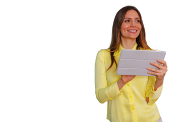 Woman smiling, holding digital tablet, looking away with thoughtful expression on transparent background