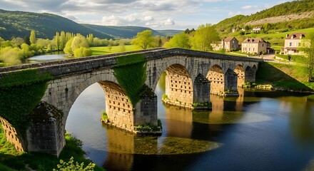 Fototapeta premium Ancient stone bridge arches over a serene river with distant houses.