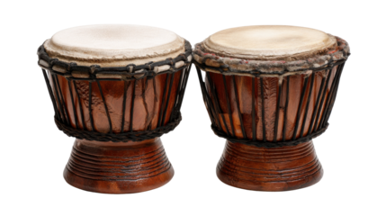 Two african djembe drums showcasing traditional rhythmic percussion instruments, carved from wood with rope accents