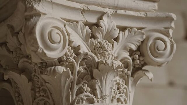 Ornate white marble column capital with intricate carvings and floral motifs.