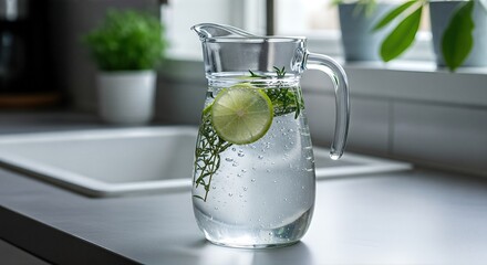 Clear glass pitcher filled with refreshing water, garnished with lime slices and fresh herbs, placed on a kitchen countertop with natural light illuminating the scene