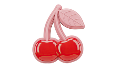 Pink cherry illustration with red fruits and leaf on transparent background