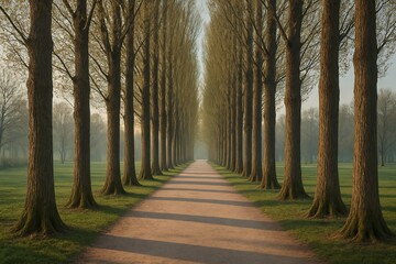 A row of tall poplar trees along a park trail, crisp shadows and muted morning colors.