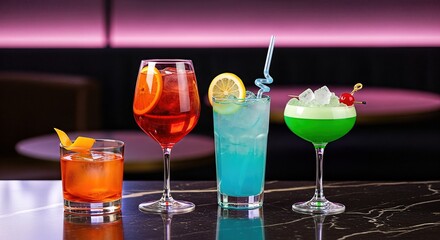 Colorful cocktails arranged on a sleek marble bar, showcasing vibrant drinks with garnishes, reflecting a lively atmosphere perfect for social gatherings and celebrations