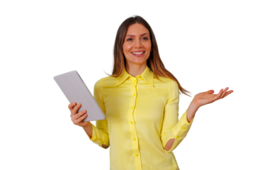 Woman standing and smiling, holding a digital tablet in one hand and making an open hand gesture with the other, transparent background