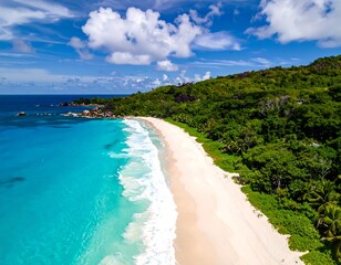 Tropical paradise Lush green meets turquoise ocean on a white sand beach under a sunny, cloudy sky