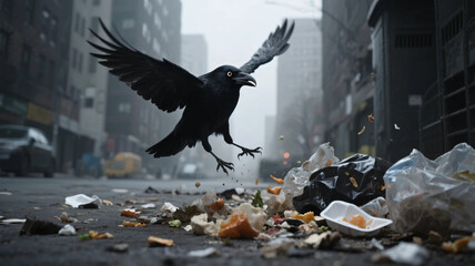 Obraz premium Crows scavenging for food waste in the city streets. Crows flapping their wings.