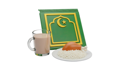 Ramadan meal and prayer mat on transparent background