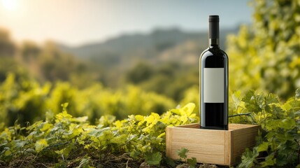 Red Wine Bottle in Vineyard Landscape