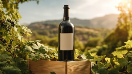 Bottle of Red Wine in Vineyard at Sunset