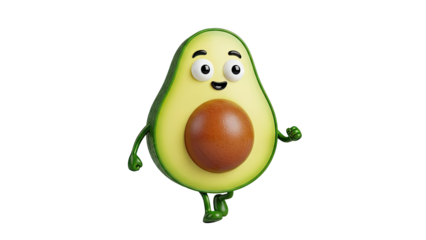 3D Cute Cartoon Avocado Character Running on transparent background