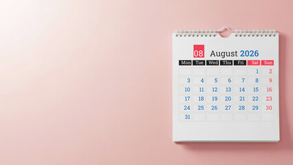 August 2026 wall calendar on pastel pink background with copy space