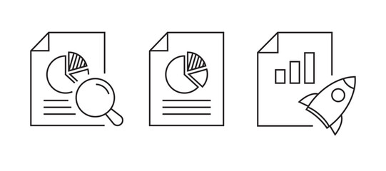 Minimal line analytics icon set with charts, graphs, gears, and data analysis symbols, representing business intelligence, performance tracking, and reporting. analytic icons.