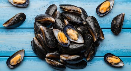 Fresh mussels with water droplets on a blue wooden background.