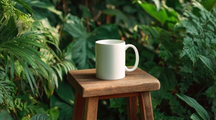 White mug on wooden stool in green garden