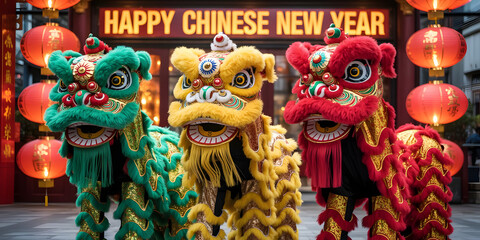 Fototapeta premium Chinese New Year Celebration: Vibrant Lion Dance Performance