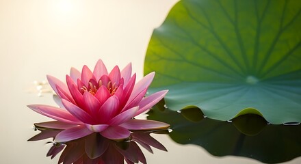 Pink lotus flower floats on water beside a large green leaf.