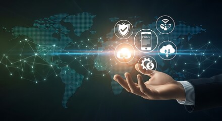 Hand holds digital icons over a glowing world map network.