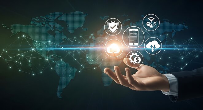 Hand holds digital icons over a glowing world map network. - Powered by Adobe