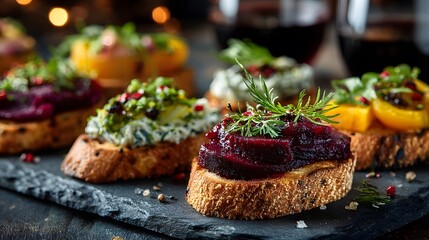 Gourmet tapas appetizers on a slate platter with toasted bread with beet and toppings and glasses of red wine in the blurred background setting.