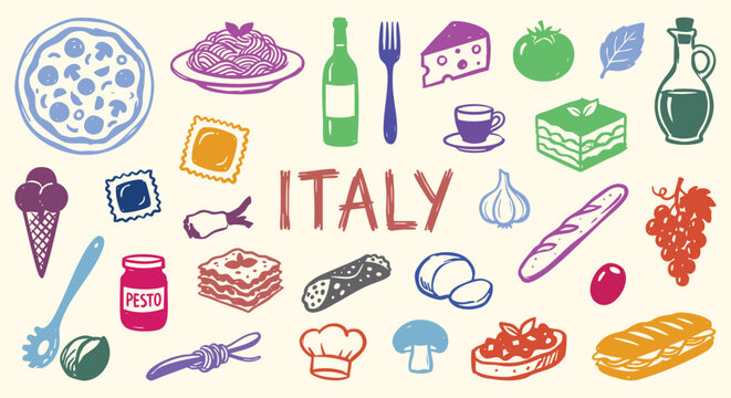 Italy Icon Set. Italian Food. A hand drawn vector collection of pizza, pasta, wine, cheese, tomato and gelato for a restaurant menu, pizzeria flyer, and culinary travel guide.