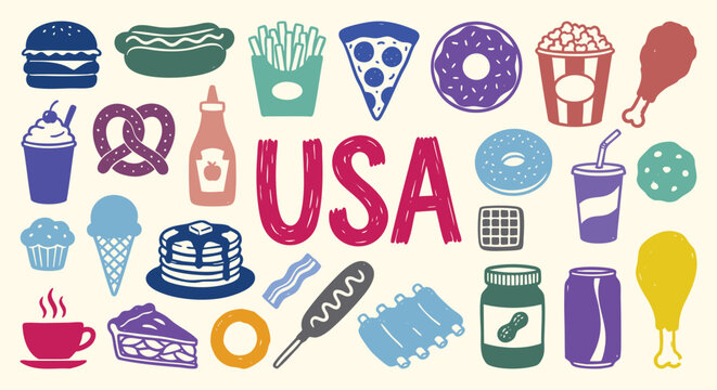 USA popular foods Icon Set. American Food. A colorful vector collection of burger, pizza, hot dog, fries, donut and soda for a fast food menu, diner advertisement, and Fourth of July party.