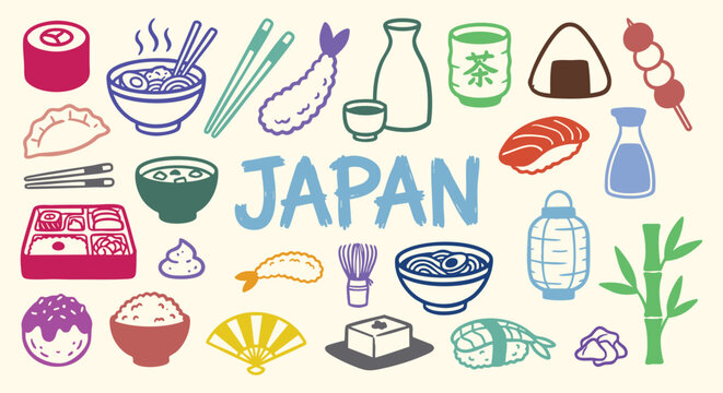 Japan Icon Set. Japanese Food. A colorful vector collection of sushi, ramen, sake, tempura, tea and bento box for a restaurant menu, Asian travel guide, and cultural illustration.