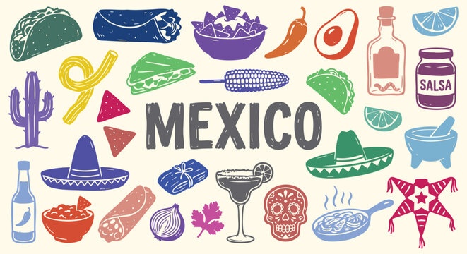 Mexico Icon Set. Mexican Food. A colorful vector collection of taco, burrito, tequila, nachos, sombrero and cactus for a restaurant menu, Cinco de Mayo party, and travel brochure.